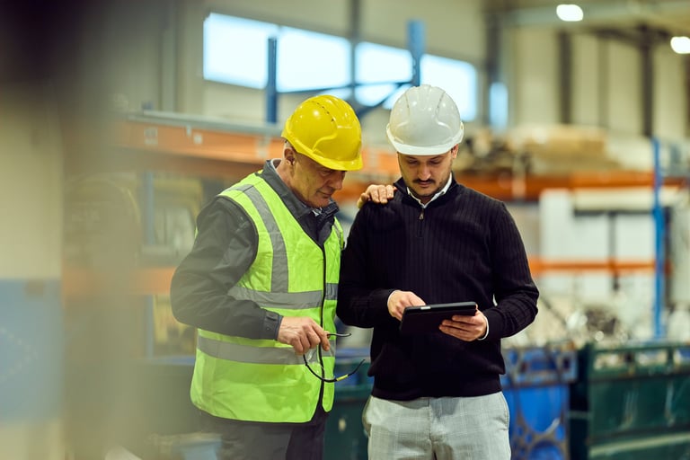 Two factory workers wearing hard hats and safety vest review production data on a tablet while collaborating on an inspection in an industrial warehouse, conveying teamwork, professionalism and safety.
