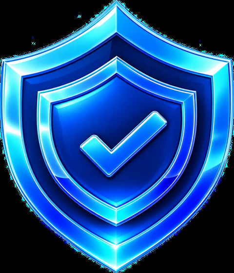 3D glowing blue shield icon with nested layers and a checkmark symbol in the center