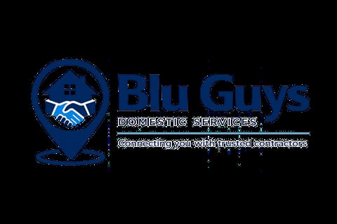 Blu Guys Domestic Services logo featuring a location pin with handshake icon and tagline connecting you with trusted contractors